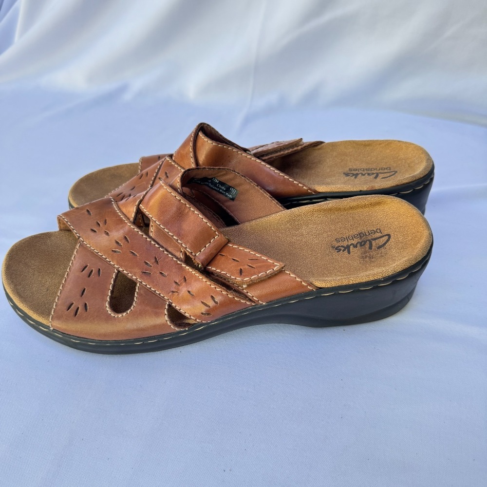 Clarks Bendables Sandal Womens US 12 M Brown Leather Slip On Wedge Comfort Slide